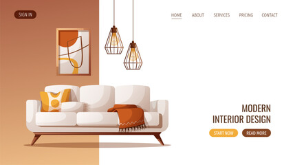 Web design with cozy white sofa, abstract painting, ceiling lamp. Interior design, home decor, furniture, living room concept. Vector illustration for banner, website.