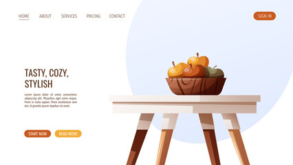 Web page design with cozy white dining table with fruit bowl. Scandinavian style. Home interior, furniture, dining room, kitchen, cafe concept. Vector illustration for banner, website.