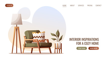 Web page design with Cozy armchair, potted plant, tripod floor lamp. Interior design, furniture, living room, home decor concept. Vector illustration for banner, website.