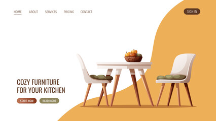 Web page design with cozy white dining table with chairs. Scandinavian style. Home interior, furniture, dining room, kitchen, cafe concept. Vector illustration for banner, website.