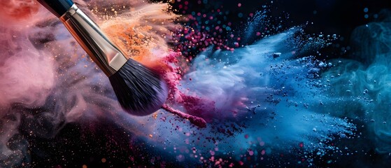 Makeup brush releasing colorful powder into cloud on black background. Concept Colorful Powder, Makeup Brush, Cloud Effect, Black Background