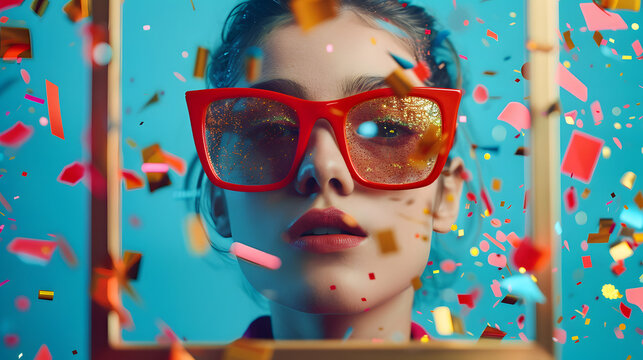 promotional photo with glitter confetti with frame in the centre and text