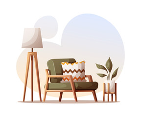 Cozy armchair, potted plant, tripod floor lamp. Interior design, furniture, living room, home decor concept. Vector illustration.