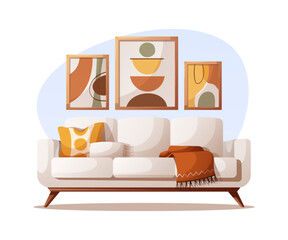 Cozy white couch and abstract paintings. Interior design, home decor, furniture, living room concept. Vector illustration.