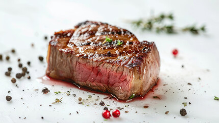 Grilled steak with a sprinkling of spices on the table
