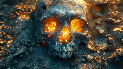 Skull Underneath Ground , stone, detailed decay, morning menace - obrazy, fototapety, plakaty