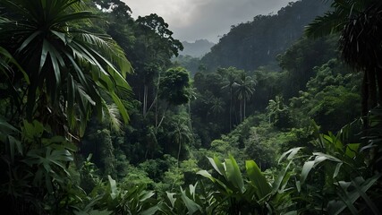 Fototapeta na wymiar Lush Green Forests and Towering Trees in a Verdant Landscape, Dense Palm Trees and Tall Mountains Under a Cloud-Filled Sky, Towering Trees, Green Hills, and Scenic Views from a Tropical Park, Dense Wo