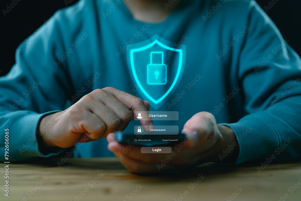 Aufkleber Cybersecurity and privacy concepts to protect data. Lock icon and internet network security technology. Businessman protecting personal data on smartphone, virtual screen interfaces. cyber security.