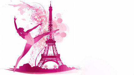 Pink paint of olympic gymnastics woman in artistic move at eiffel tower