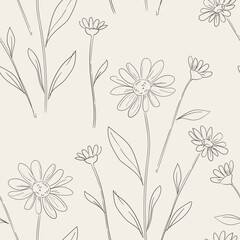 Hand Drawn Chamomiles Pattern Vector Illustration Ink Flowers Seamless