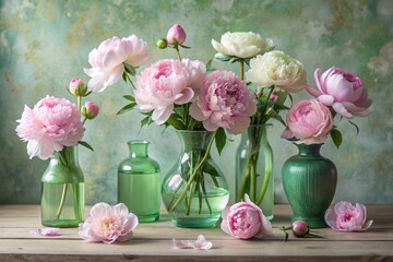 Beautiful white and pink peonies in glass vases on a wooden table. Flowers and buds in a vase. Light, white, pink green floral background.