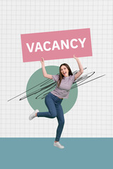 Vertical photo collage of young girl unemployed look vacancy table inscription headhunter resume...