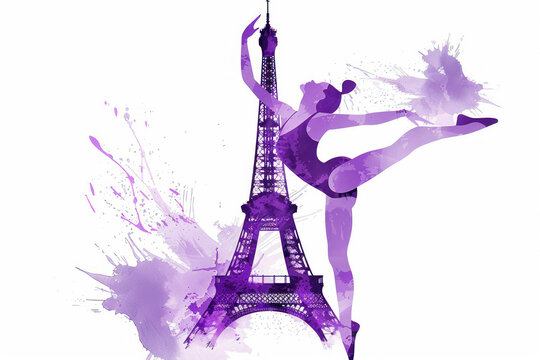 Purple paint of olympic gymnastics woman in artistic move at eiffel tower