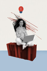 Vertical photo collage of young girl freelancer hold laptop user red light bulb idea sit stack book...