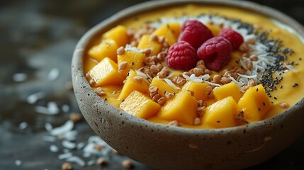 Mango and coconut smoothie bowl. AI generate illustration - obrazy, fototapety, plakaty