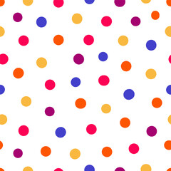 Abstract seamless pattern with bright colorful hand drawn polka dots on a white background. Design childish backdrop for wrapping, packaging, textile.