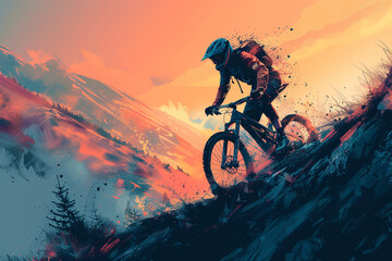 Cyclist with helmet and gear laboring up a shadowy mountain trail isolated on a gradient background of dusk hues - obrazy, fototapety, plakaty