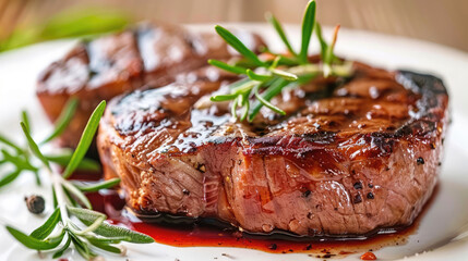 Two Grilled beef Steaks with rosemary and sauce on a white plate.