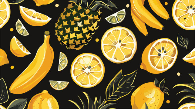 Seamless pattern with lemons pineapples and bananas 