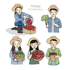 Happy young farmer holding vegetables, hand drawn style vector illustration