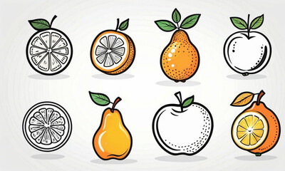 A vibrant collection of fruit-themed stickers, featuring a variety of citrus and orchard fruits with a playful, cartoonish design.