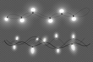 White Christmas lights. Glowing garland. On a transparent background.