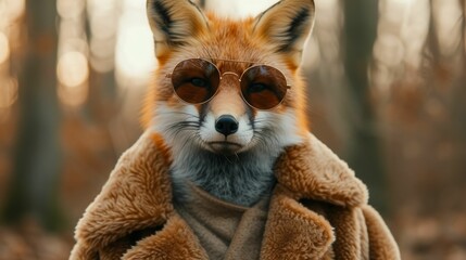 Fashion-forward fox in a faux fur coat, wearing oversized sunglasses, amidst a woodland chic backdrop, lit with dappled sunlight, emanating effortless style and charm