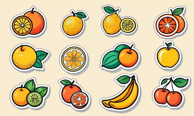 A vibrant collection of fruit-themed stickers, featuring a variety of citrus and orchard fruits with a playful, cartoonish design.
