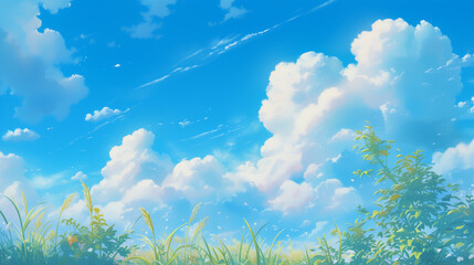 Fototapeta na wymiar Summer Cloudy Sky Suburb Landscape Japanese Anime Style Poster Wallpaper