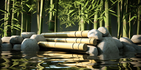 Harmony captured: basalt stones arranged amidst water lilies and bamboo, creating a serene Zen ambiance.