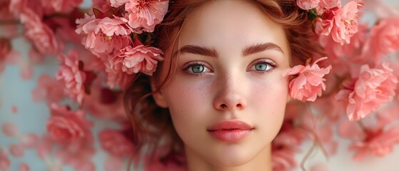 Portrait of a young woman adorned with pink flowers in her hair and background. Concept Portrait Photography, Floral Hair Accessories, Pink Flower Adorned, Young Woman Portrait, Joyful Expression