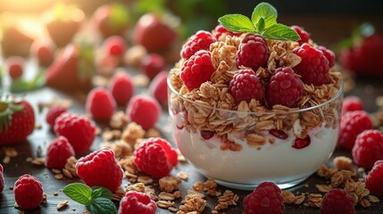 Yogurt and granola parfait in a neat. AI generate illustration