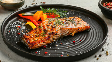 Plate with delicious grilled salmon on a light background, closeup view