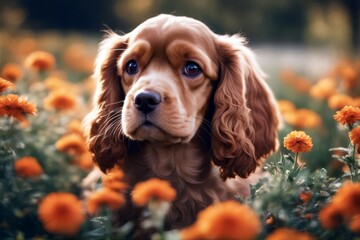 'portrait cocker flowers very red american cute puppy spaniel eyes dog animal pet canino brown breed gold purebred dachshund mammal domestic adorable young setter pedigree doggy friends'