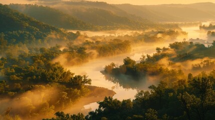 A winding river enveloped in a morning fog inviting travelers to drift into a deep sleep while listening to the soothing sounds of nature. 2d flat cartoon.