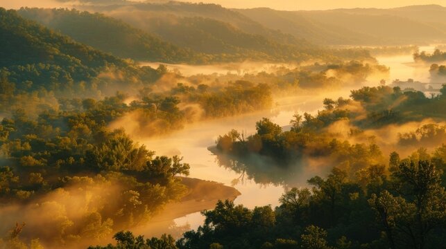 A winding river enveloped in a morning fog inviting travelers to drift into a deep sleep while listening to the soothing sounds of nature. 2d flat cartoon.