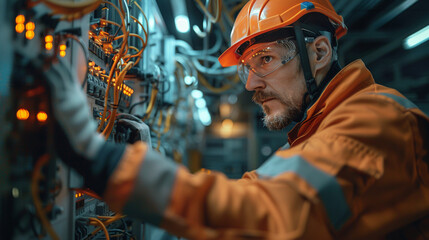 Detailed view of a technician wearing all safety equipment while working on a high-voltage electrical panel, with a banner for World Day for Safety and Health in the background, high-resolution