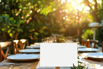 Outdoor dining setup with empty white menu on a rustic wooden table, elegant tableware and nature background. For restaurant and alfresco dining concept with copy space. Ai generation