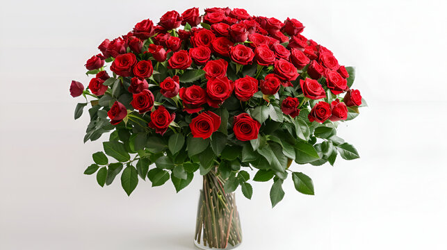 a radiant rose bouquet against a clean, white background. this image exemplifies professionalism, emphasizing the intricate details of each bloom ,huge bouquet of red roses in a vase

