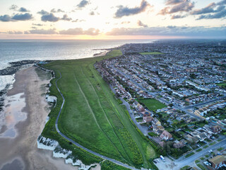 Aerial View of Botany Bay Beach and Sea View During Sunset at Broadstairs Kent, England UK. April 21st, 2024 - obrazy, fototapety, plakaty