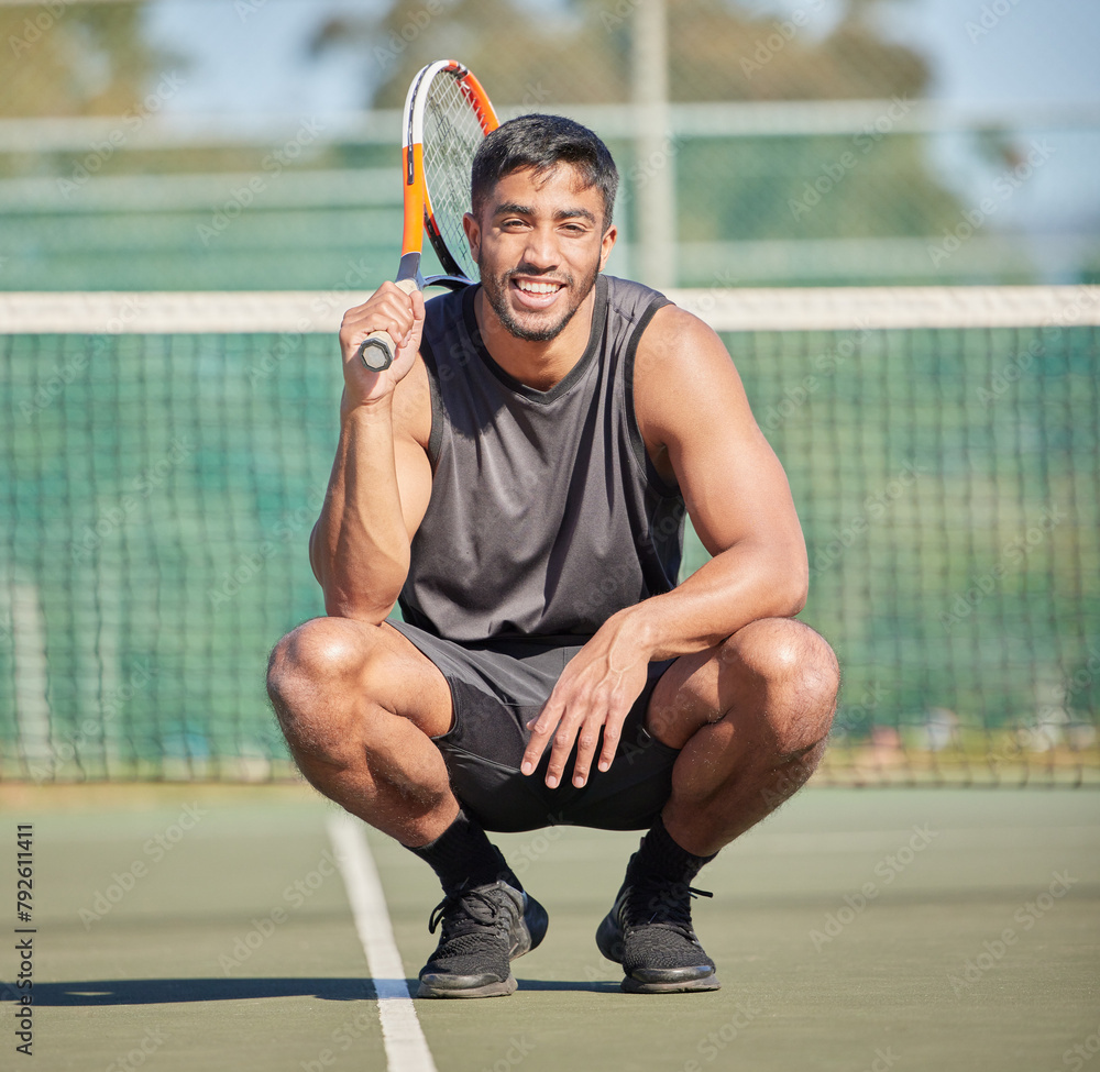 Poster Portrait, happy and Indian man on tennis court for fitness training, cardio workout or sports exercise outdoors. Smile, confident and healthy athlete with racket to start challenge in game or match