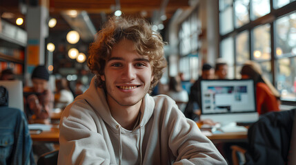 a young man works on his laptop, in a co working space