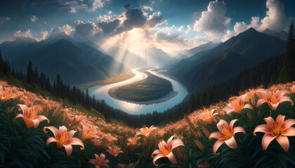 A breathtaking view of peach-colored lilies blooming on a hill overlooking a meandering river - obrazy, fototapety, plakaty