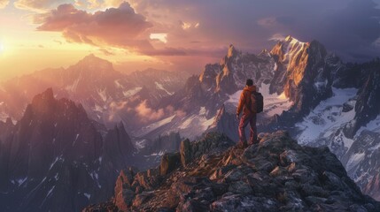 A Hiker Overlooking Mountain Sunset - obrazy, fototapety, plakaty