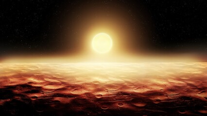 Martian morning from space. The sun above the surface of a red planet. Beautiful landscape of a...