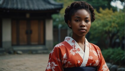 beautiful black african young woman wearing traditional japanese yukata from Generative AI