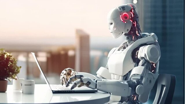 A robot that sits at a desk with a laptop in his hands in a bright office. The concept of future technologies in the modern world is among us. Artificial intelligence has been created