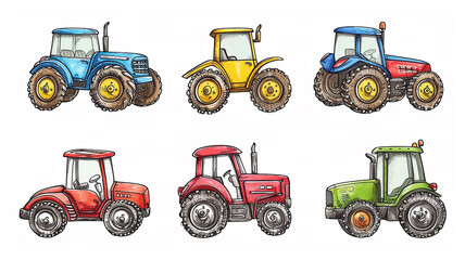 A set of different tractors, a children's background postcard on a white background