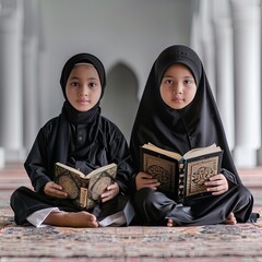 two malay siblings recite al quran, one boy age 15 and one girl age 13, the girl wear purdah and hijab in black colour, mosque background,