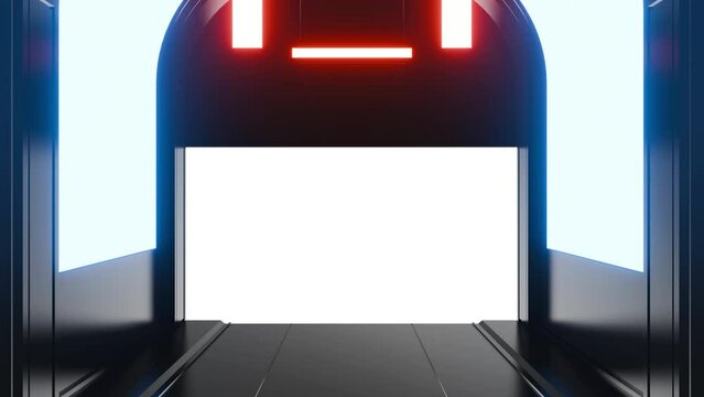 Futuristic opening gate or door in black moving sci fi technology tunnel or room with neon light. Realistic digital animation with alpha channel.
